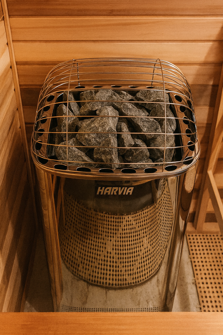 Harvia Club K10G sauna heater stainless steel with piled sauna stones inside wooden sauna room