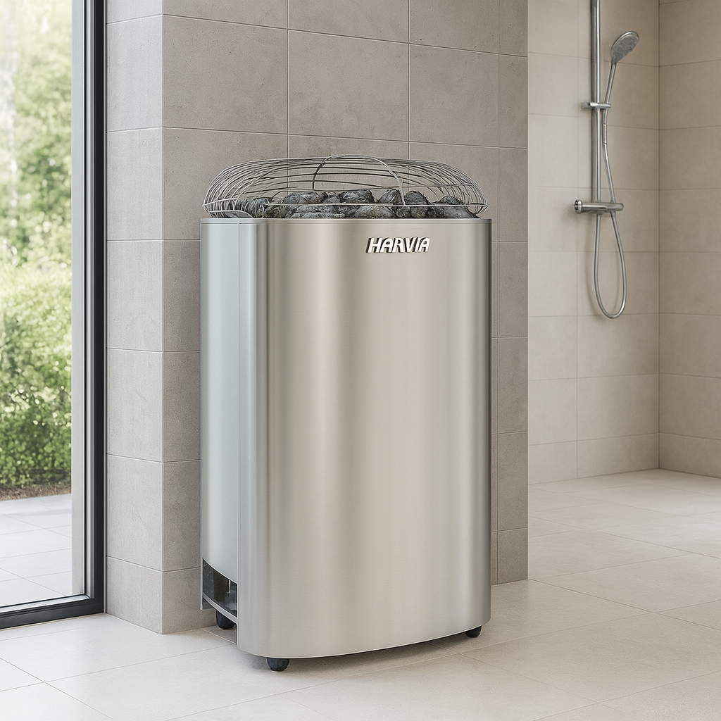 Harvia Club K15G 15kW sauna heater stainless steel freestanding unit with sauna stones in tiled room