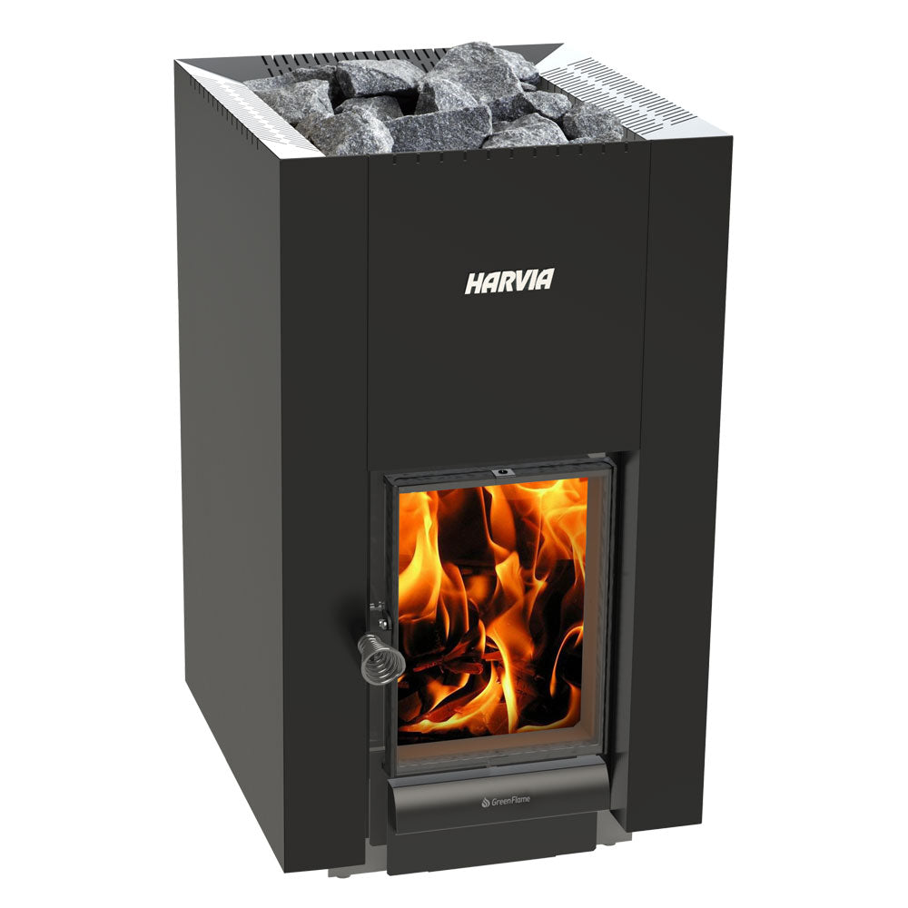 Harvia GreenFlame sauna heater wood burning model with glass door showing flames and stones on top