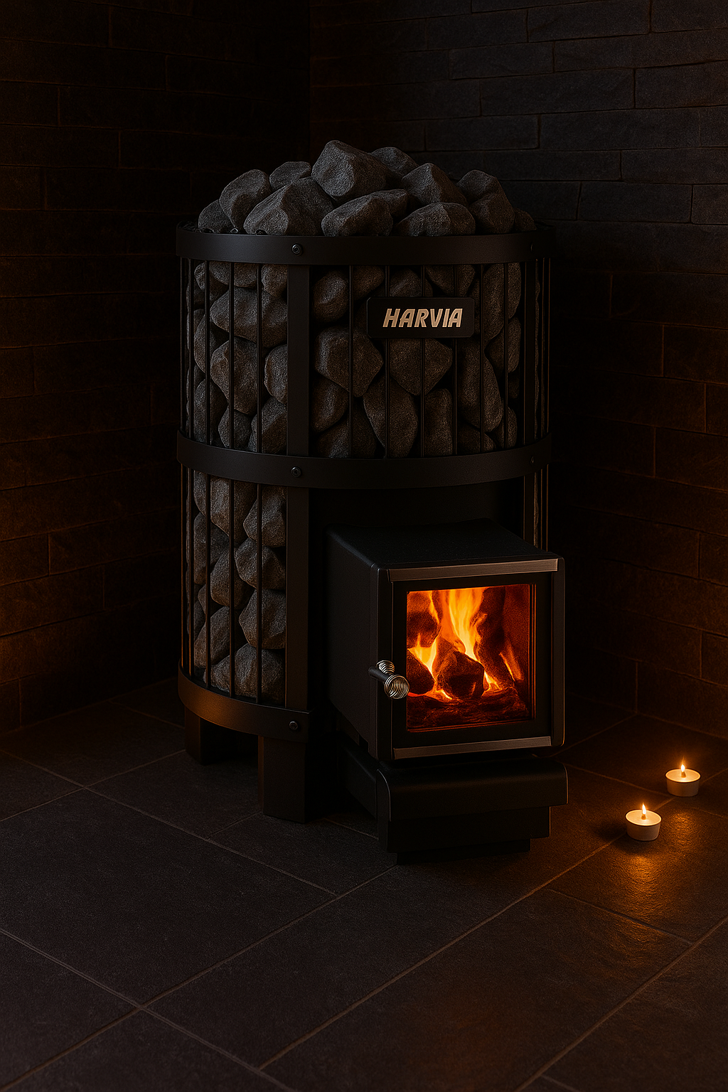 Harvia Legend 240SL wood burning sauna heater with stone filled black cage and visible fire through glass door