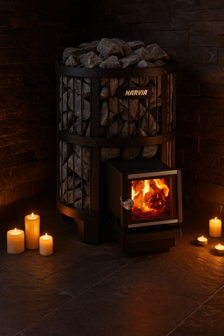 Harvia Legend 240SL wood burning sauna heater with stone filled black cage and glowing fire with candles nearby