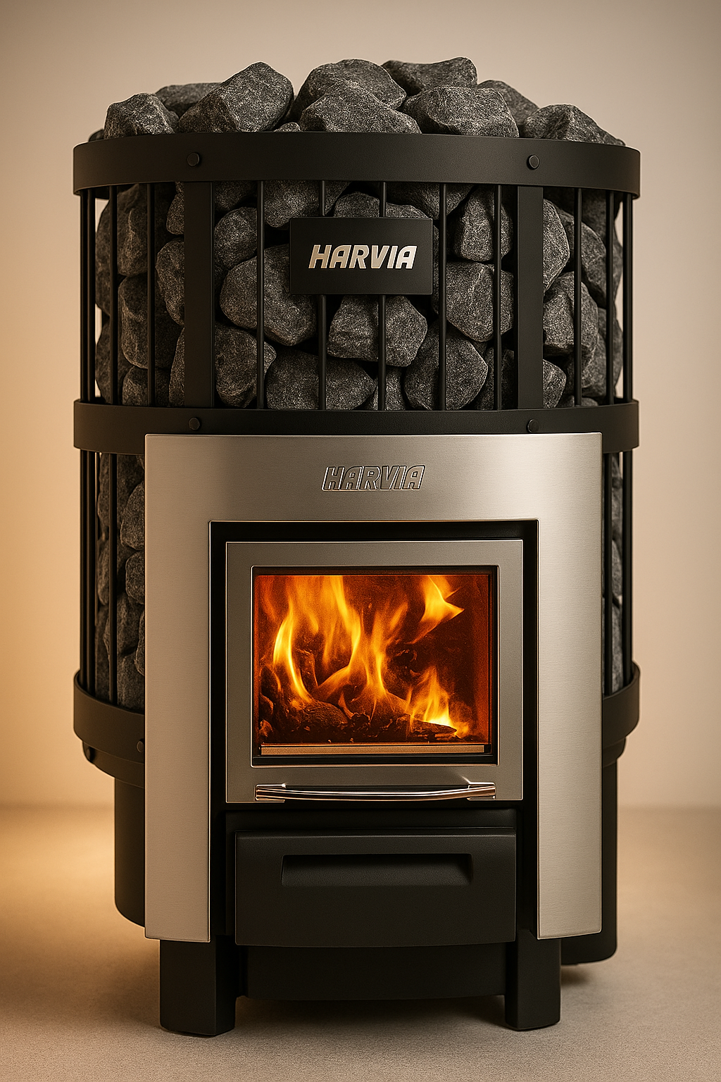 Harvia Legend 300 DUO for home spa sauna heater with visible wood fire and stone filled black metal cage