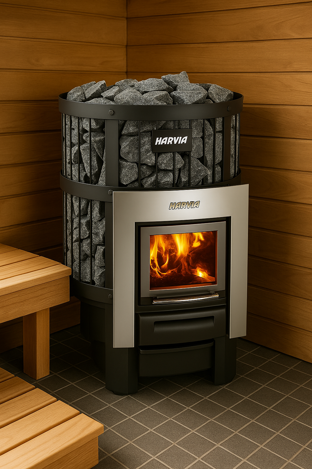 Harvia Legend 300 DUO for home spa. Harvia wood burning sauna heater with stone basket in cedar sauna corner
