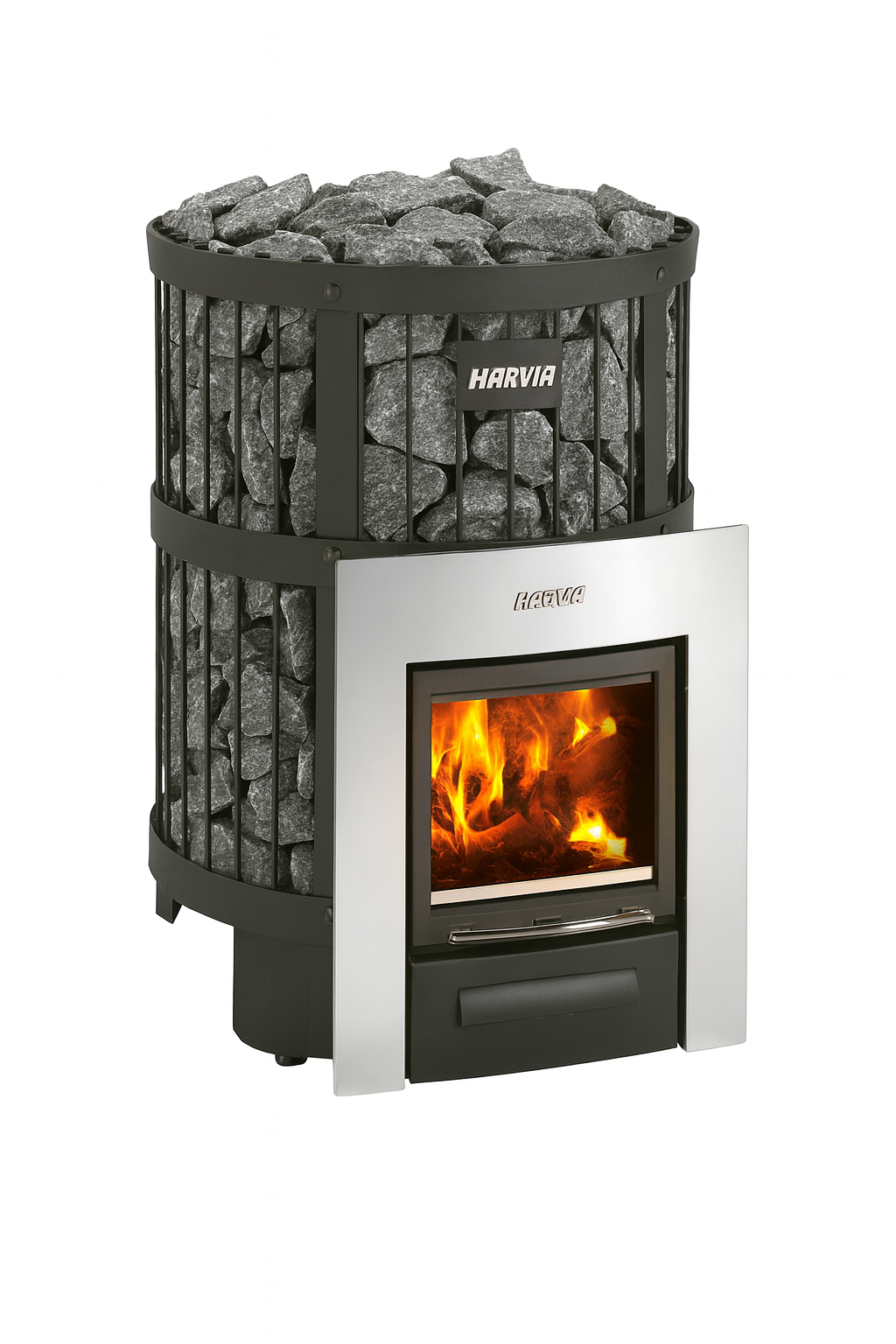 Harvia Legend 300 DUO for home spa. Harvia wood burning sauna heater with stone basket and glass door showing flames