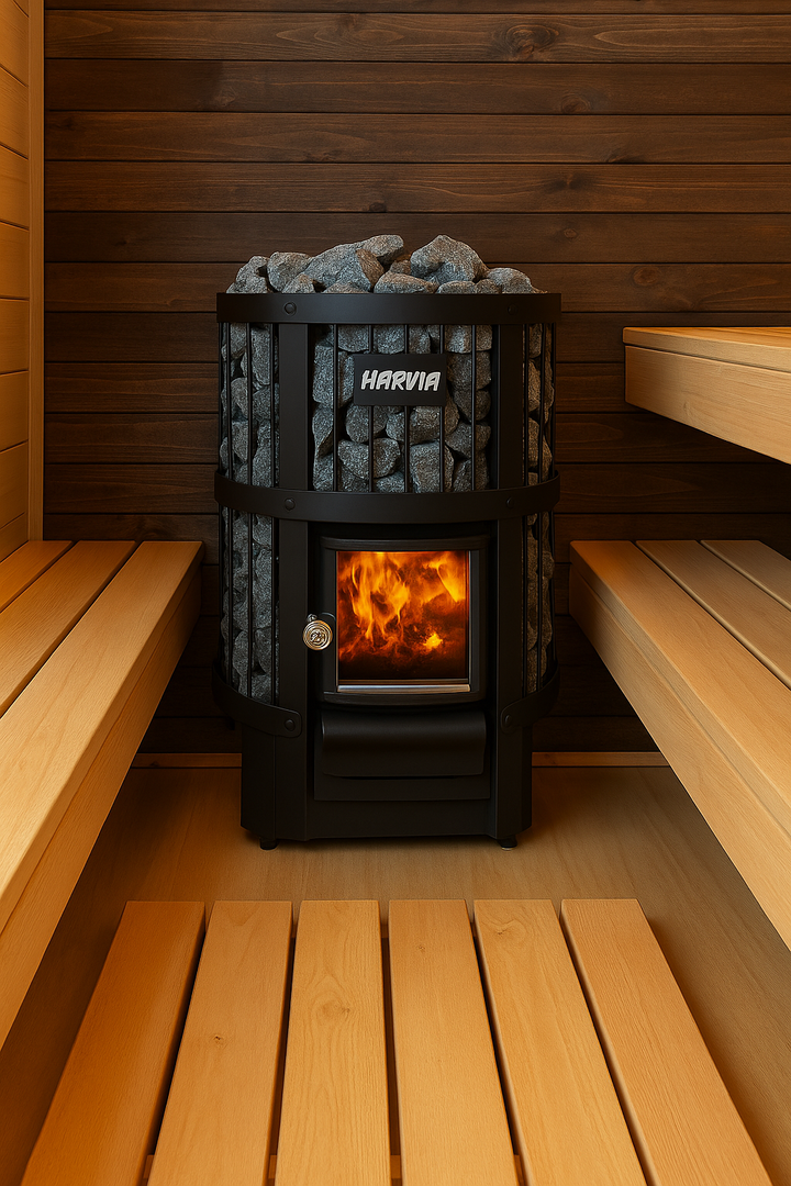 Harvia Legend 300 sauna stove black metal heater filled with sauna stones and visible flame