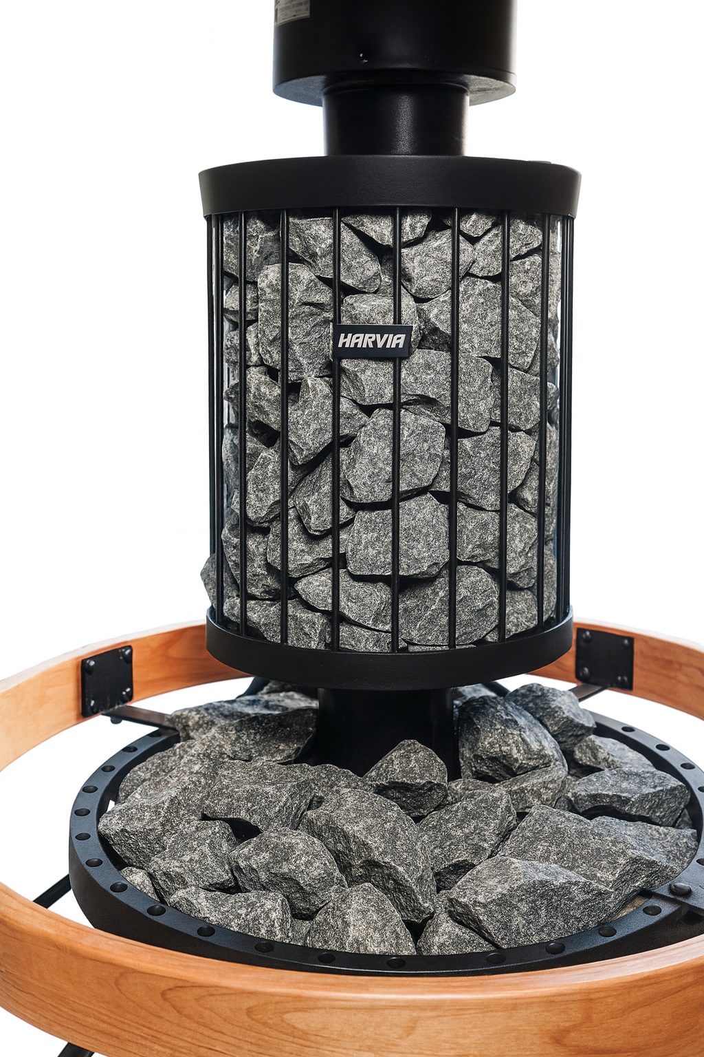Harvia Legend pipe-mounted water heater with black metal stone cage filled with sauna rocks on wooden base
