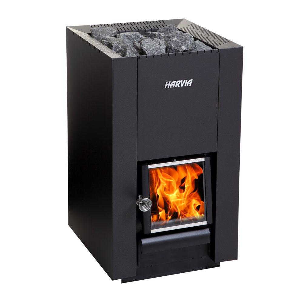 Harvia Linear 16 wood-burning sauna stove. Black freestanding sauna heater with top stones and glass door showing fire