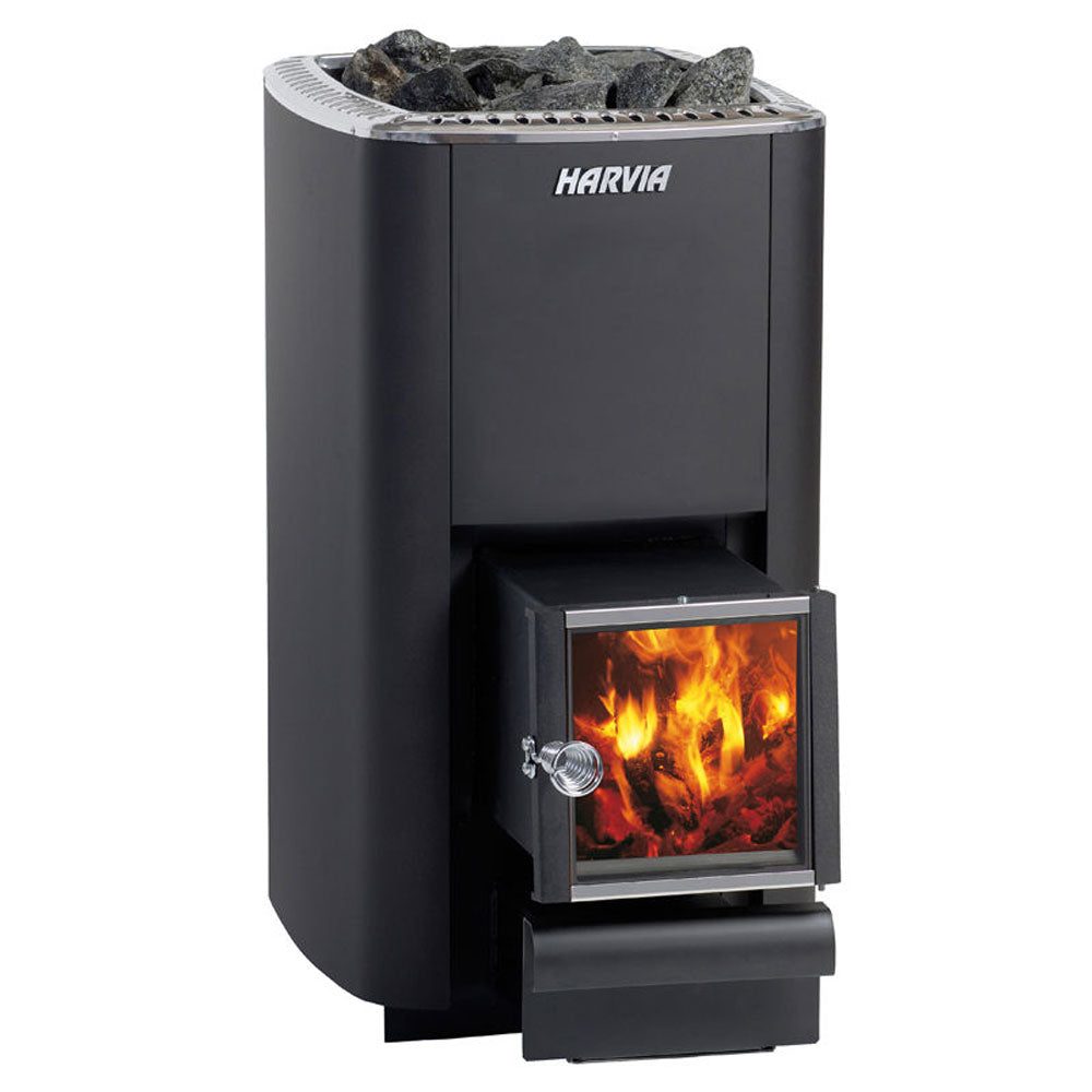 Harvia M3 SL wood-burning sauna stove black steel with glass fire door and stones on top