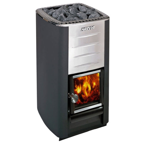 Harvia M3 wood burning sauna stove showing glass door firebox and sauna stones on stainless steel top