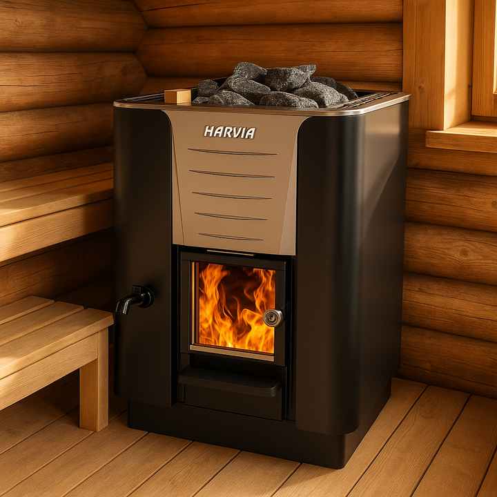 Harvia Pro 20 LS wood burning sauna heater with visible fire and stones in wooden log sauna