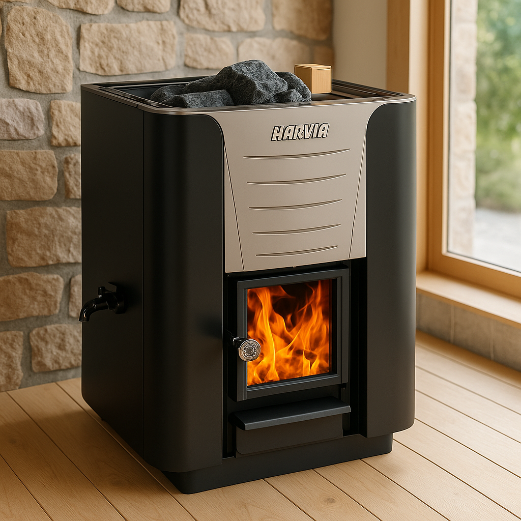 Harvia Pro 20 LS wood burning sauna heater with visible fire through glass door and sauna stones on top