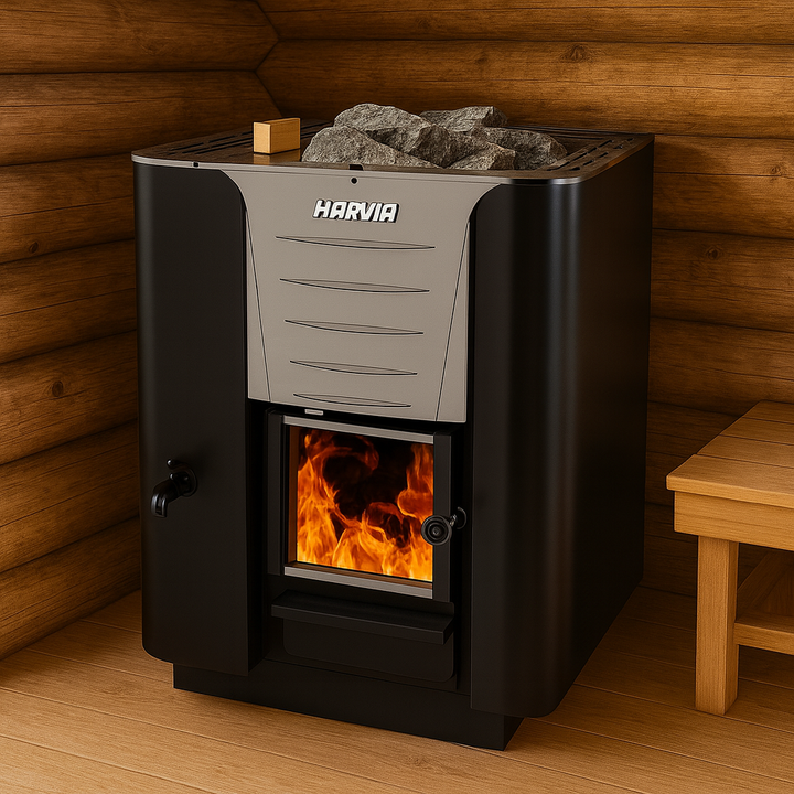 Harvia Pro 20 LS wood burning sauna heater in a wooden sauna with visible fire and sauna stones