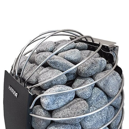 Harvia SP60E electric sauna heater with stainless steel stone basket filled with sauna stones