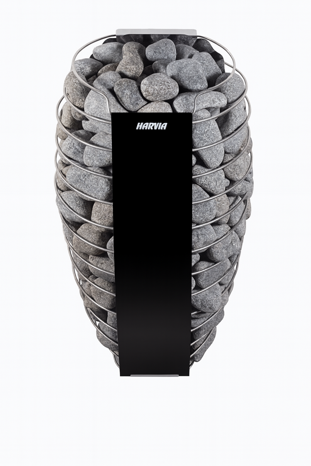 Harvia SP80E electric sauna heater with stone filled stainless wire cage and sleek black front panel
