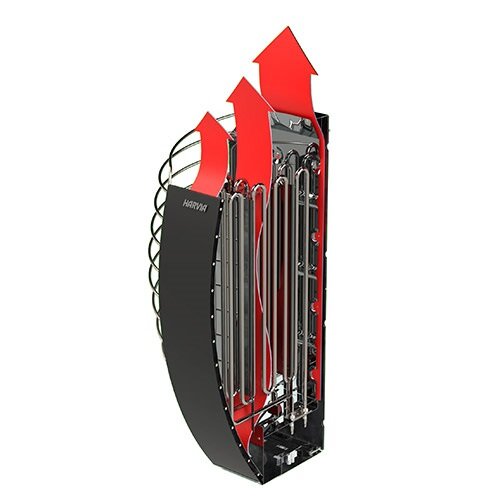 Cutaway of Harvia SP80E electric sauna heater showing black curved shell stainless heating tubes and red heat flow arrows