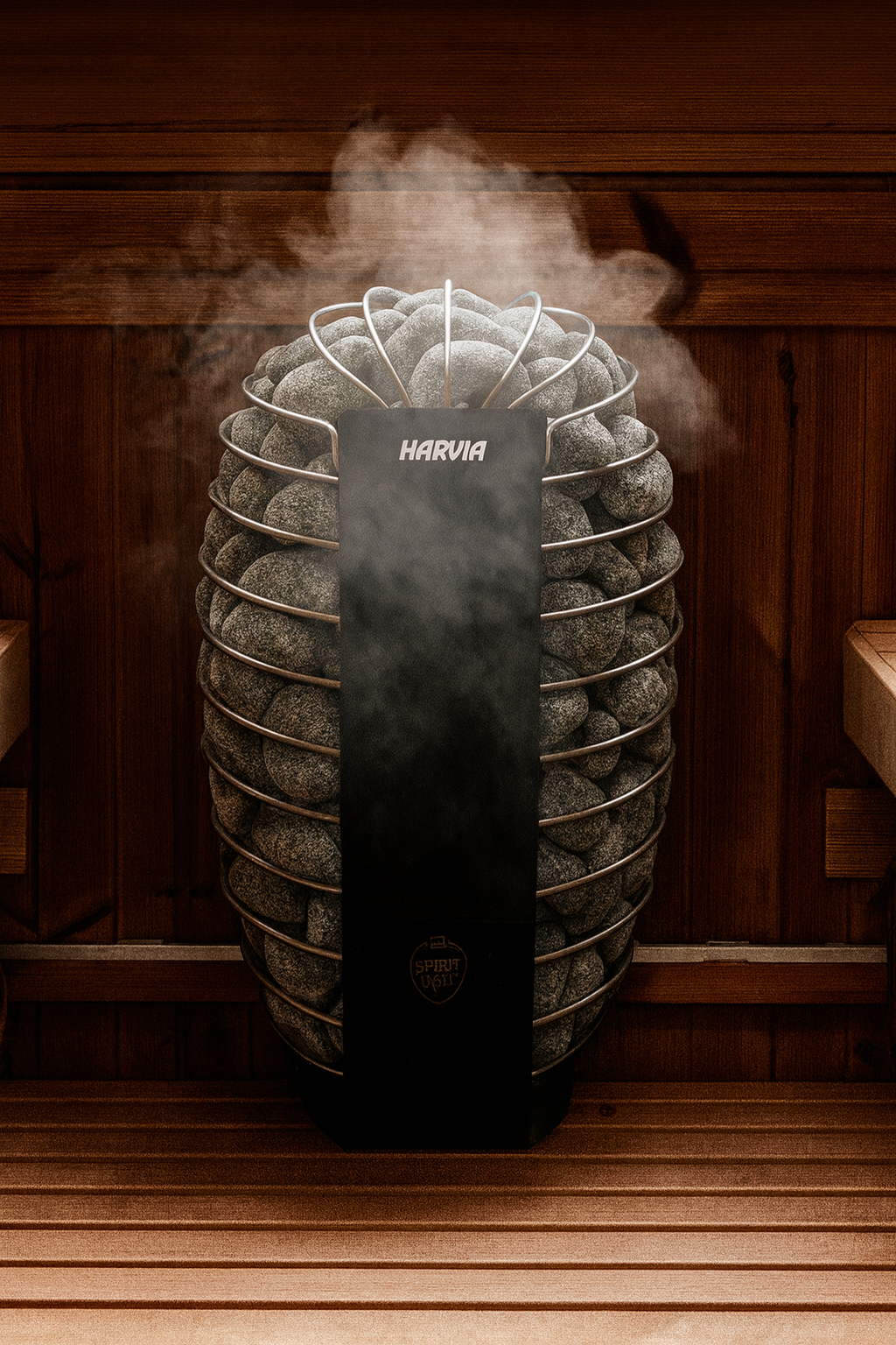 Harvia SP80E electric sauna heater with stacked sauna stones releasing steam inside wooden sauna bench