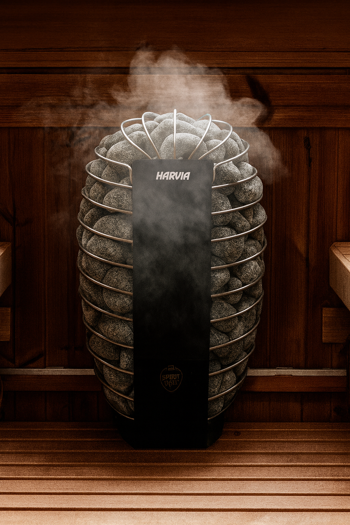 Harvia SP80E electric sauna heater with stacked sauna stones releasing steam inside wooden sauna bench