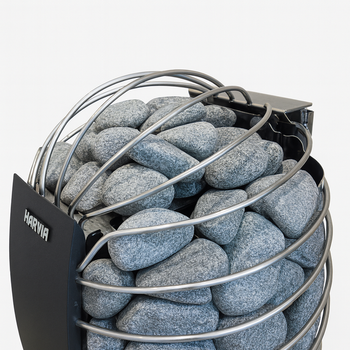 Harvia SP80E electric sauna heater stainless steel stone cage filled with sauna stones and black side panel