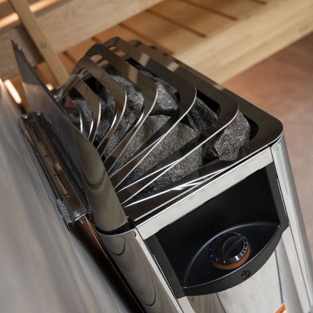 Harvia The Wall electric sauna heater stainless steel wall mounted unit with sauna stones and control dial