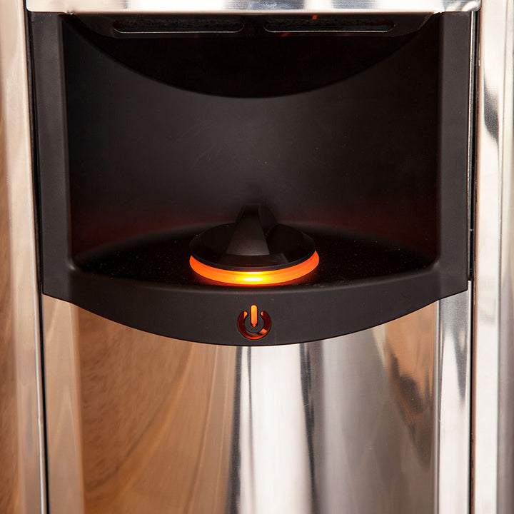 Close up of Harvia The Wall SWS60 electric sauna heater stainless steel control panel with glowing orange power indicator