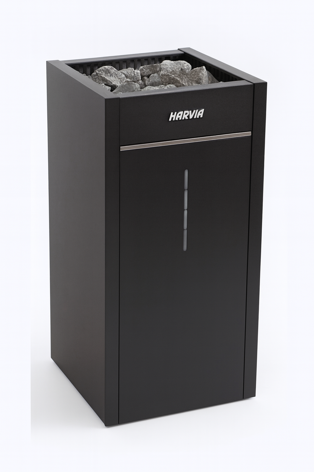 Harvia Virta Combi steam sauna heater black freestanding unit with top sauna stones and Harvia logo