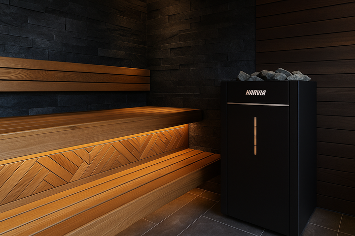 Harvia Virta Combi steam sauna heater black unit with sauna stones beside wooden bench in modern sauna