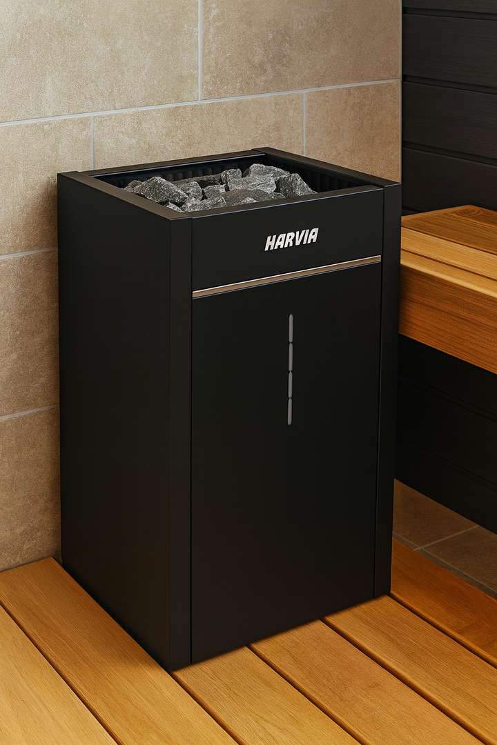 Harvia Virta Combi steam sauna heater black freestanding unit with sauna stones beside wooden benches