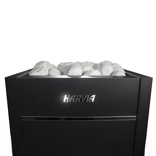 Harvia Virta HL60E electric sauna heater black metal casing with white sauna stones and logo
