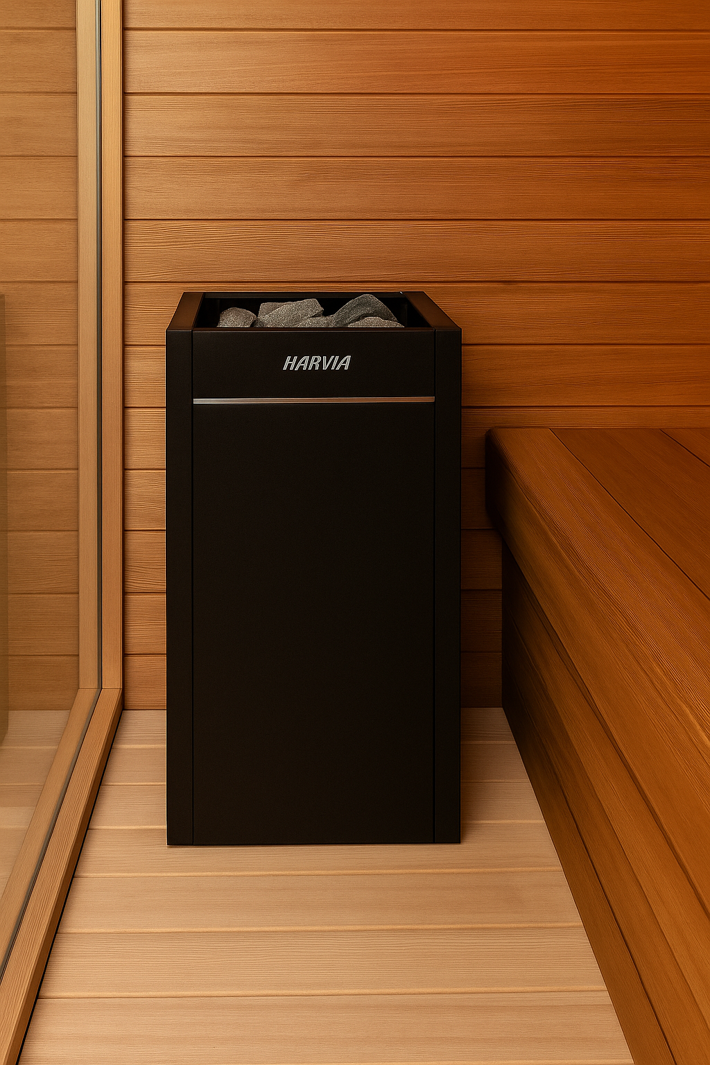 Harvia Virta HL80E sauna heater black freestanding unit with sauna stones in wooden sauna interior