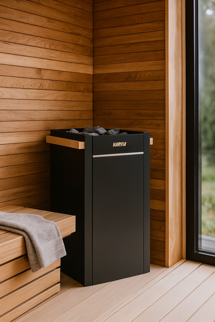 Harvia Virta HL90E electric sauna heater black freestanding unit with stones in a wood paneled sauna corner