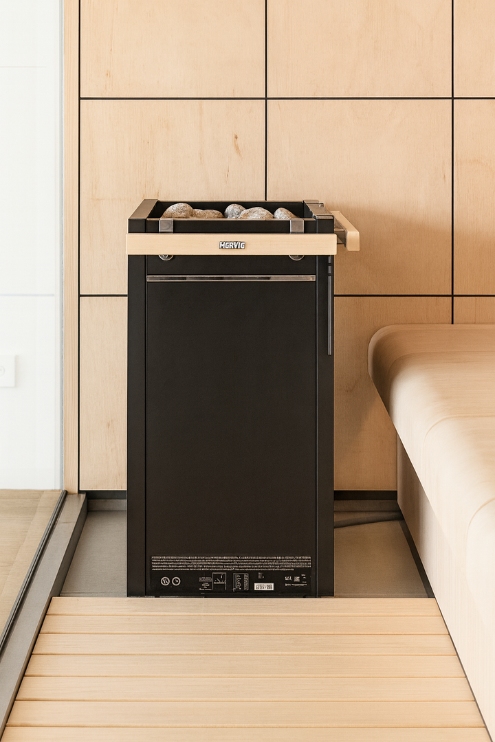 Harvia Virta HL90E electric sauna heater in matte black with stones on top in a modern wood paneled sauna