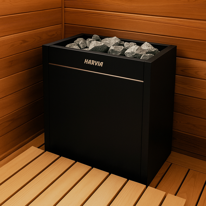 Black Harvia Virta Pro HL160E for spas. electric sauna heater filled with stones in a wooden sauna corner