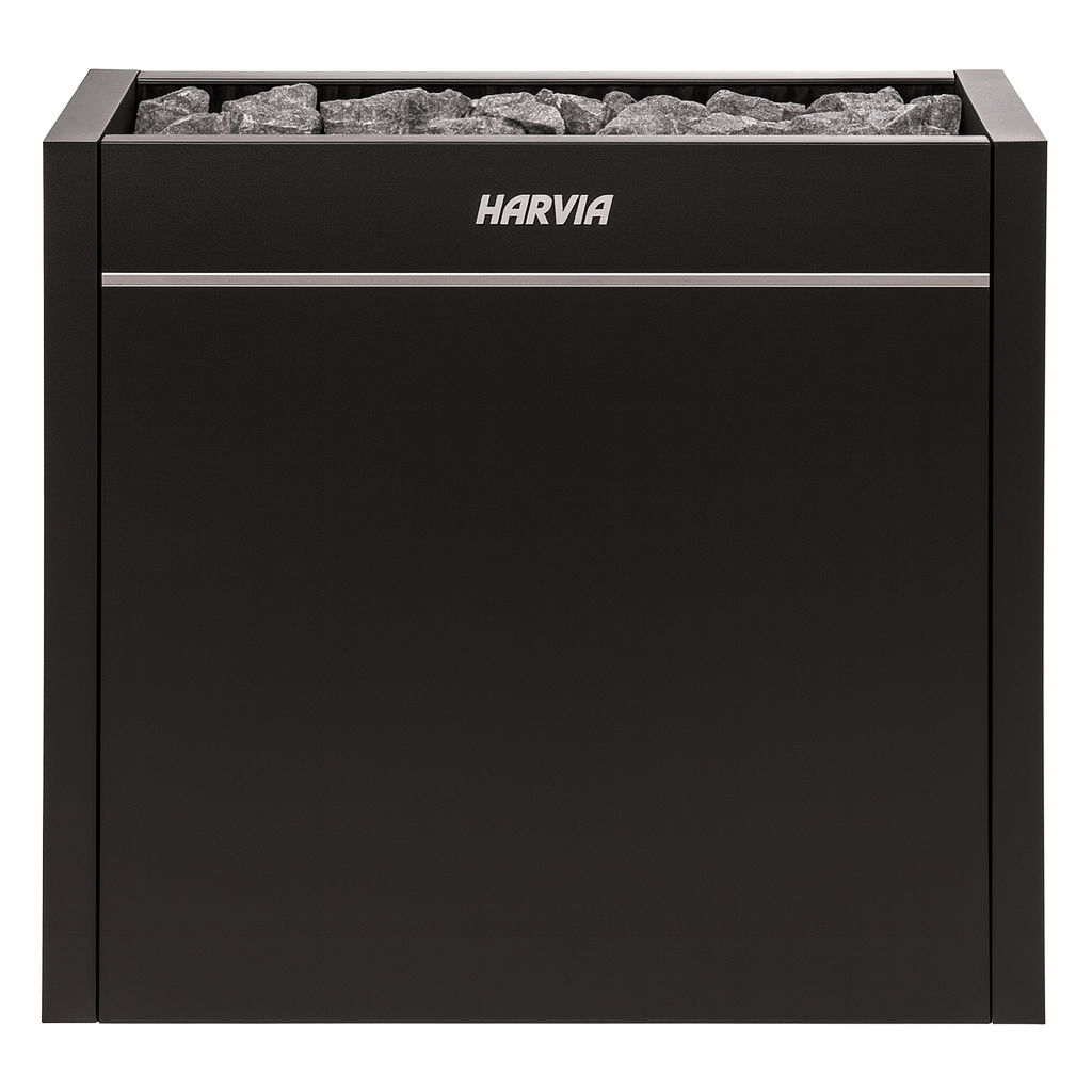 Harvia Virta Pro HL160E for spas. Black freestanding sauna heater with top stones and Harvia logo