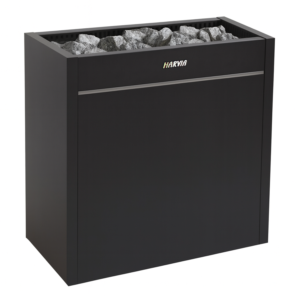 Black Harvia sauna heater with stones and modern cabinet design Harvia Virta Pro HL200E for spas.