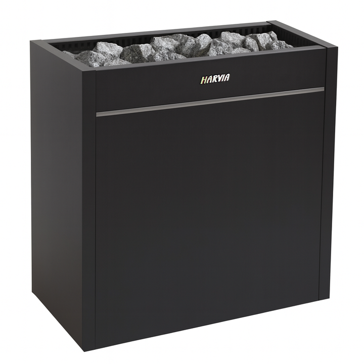 Black Harvia sauna heater with stones and modern cabinet design Harvia Virta Pro HL200E for spas.
