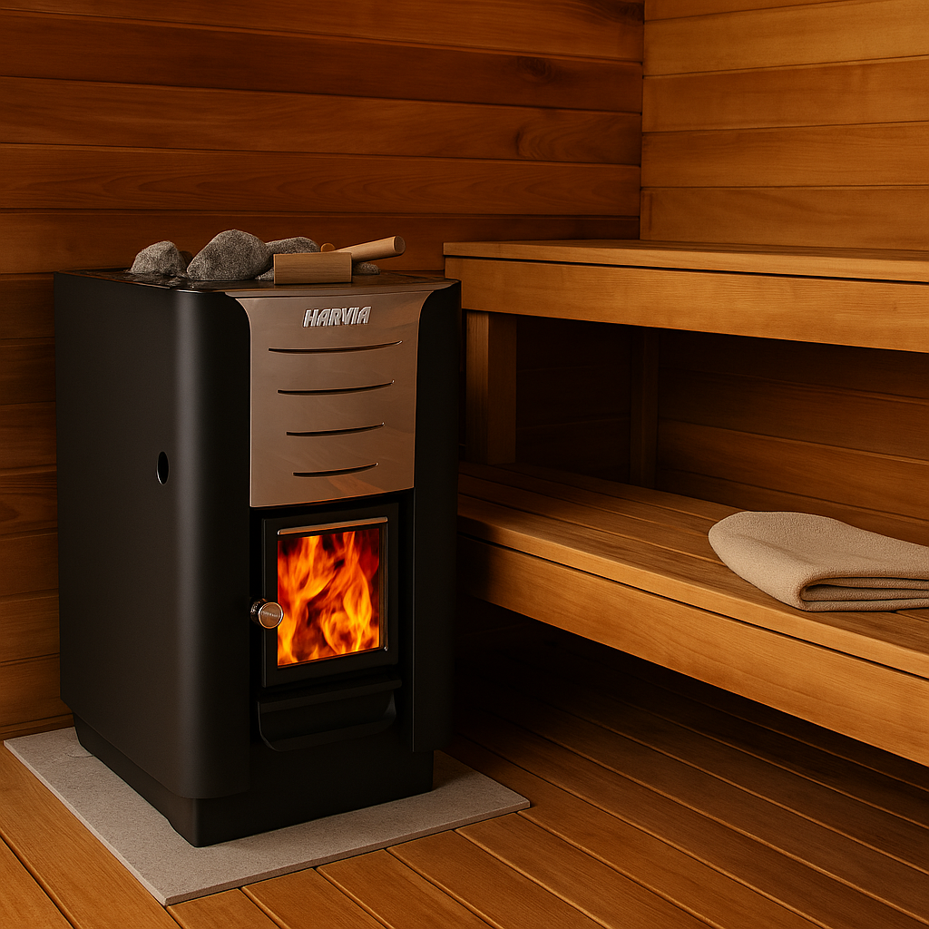Harvia WK200ES Pro 20 ES wood burning sauna heater with visible fire, stones on top and wooden bench interior