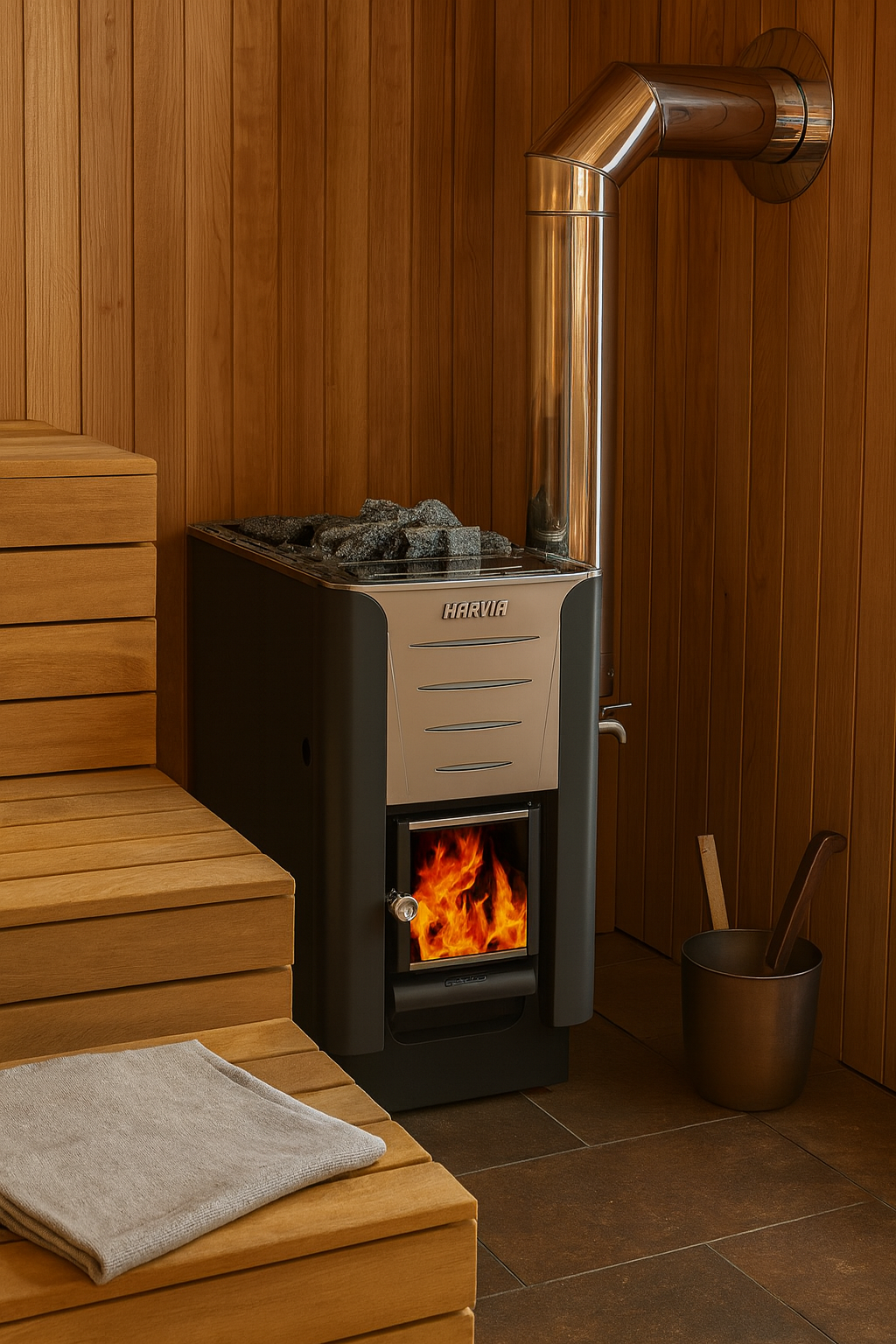 Harvia WK200ES Pro 20 ES wood burning sauna heater with visible fire sauna stones and stainless chimney pipe in wooden sauna