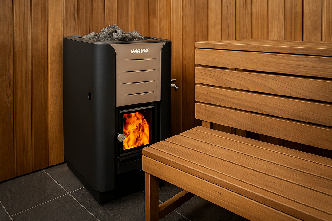 Harvia WK200ES Pro 20 ES wood burning sauna heater with visible fire glass door and sauna stones on top next to wooden bench