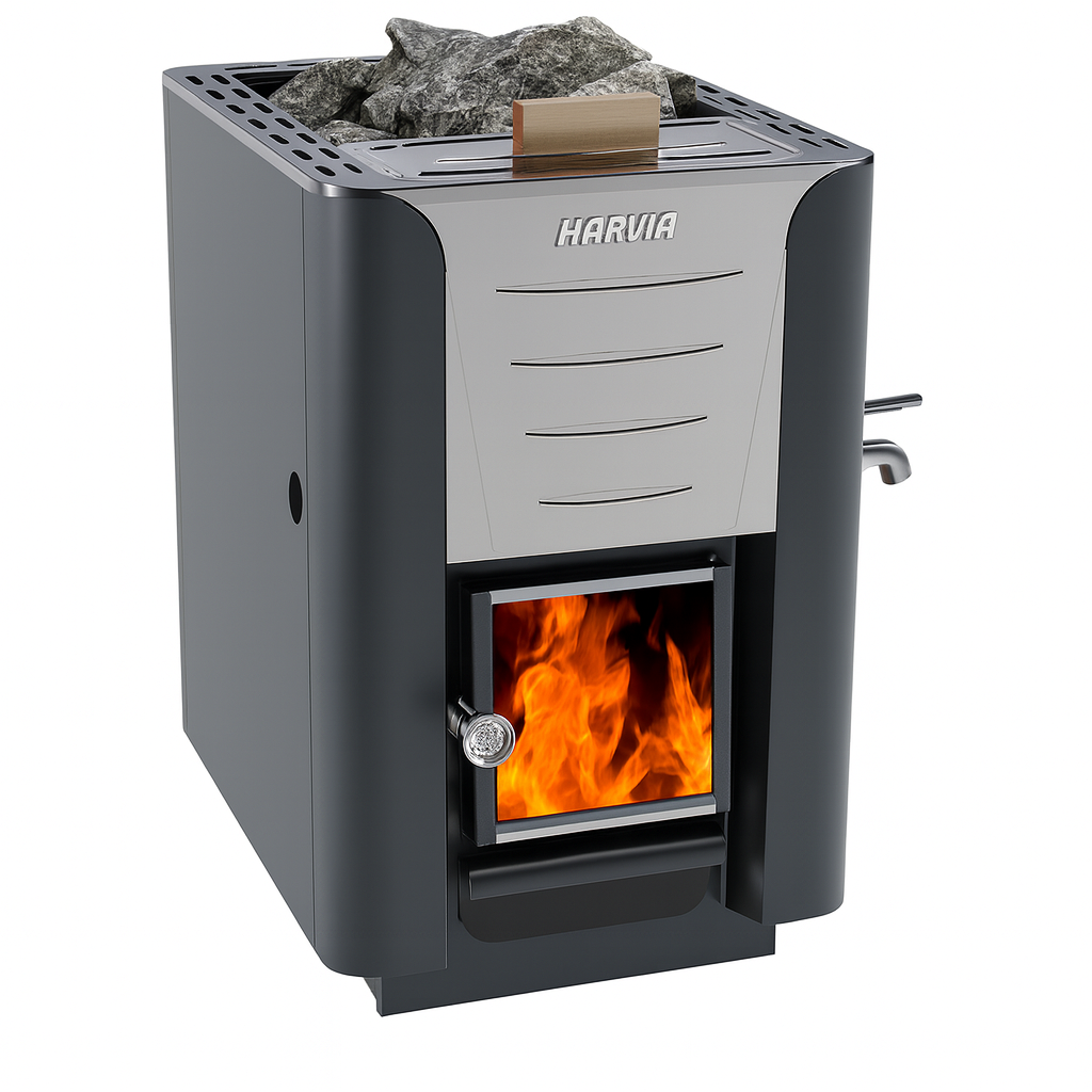 Harvia WK200ES Pro 20 ES wood burning sauna heater with visible fire and top sauna stones