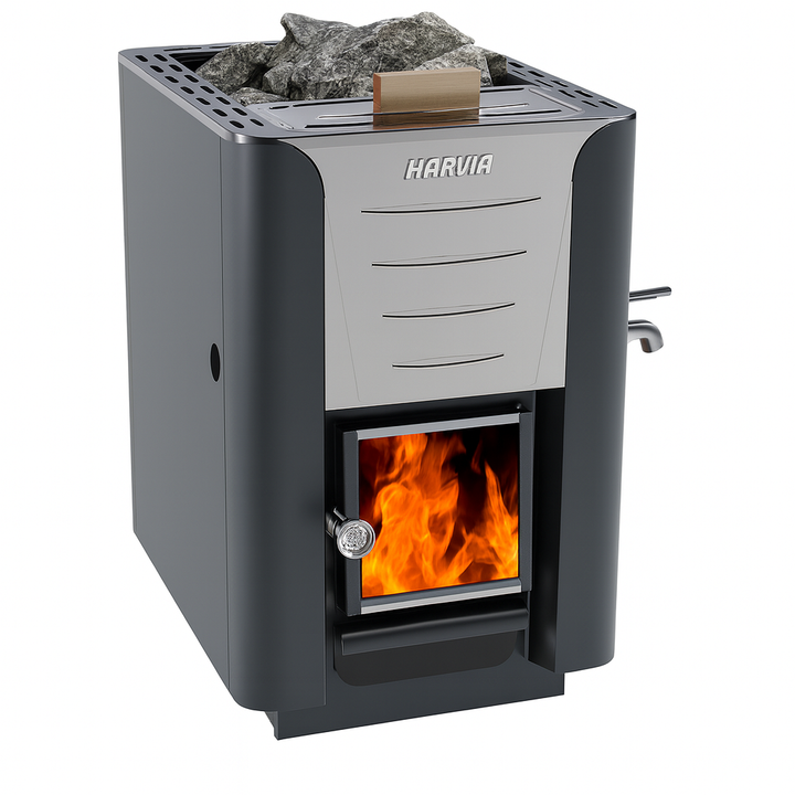 Harvia WK200ES Pro 20 ES wood burning sauna heater with visible fire and top sauna stones