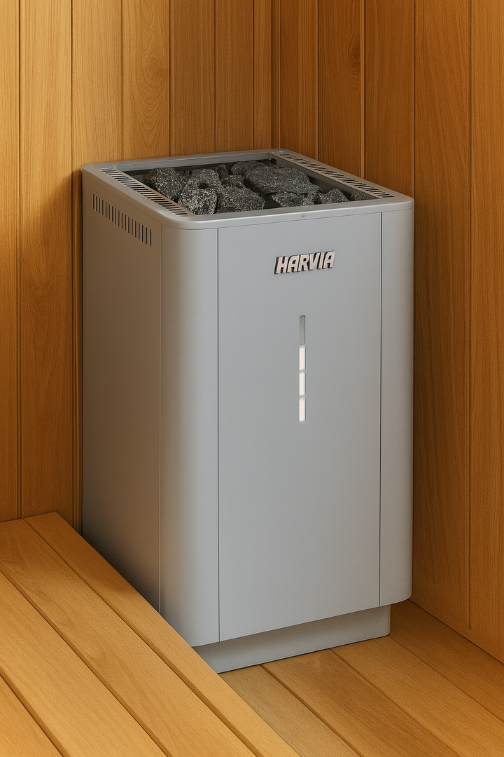 Harvia WK200SLUX sauna heater stainless grey unit with sauna stones installed in wooden sauna corner