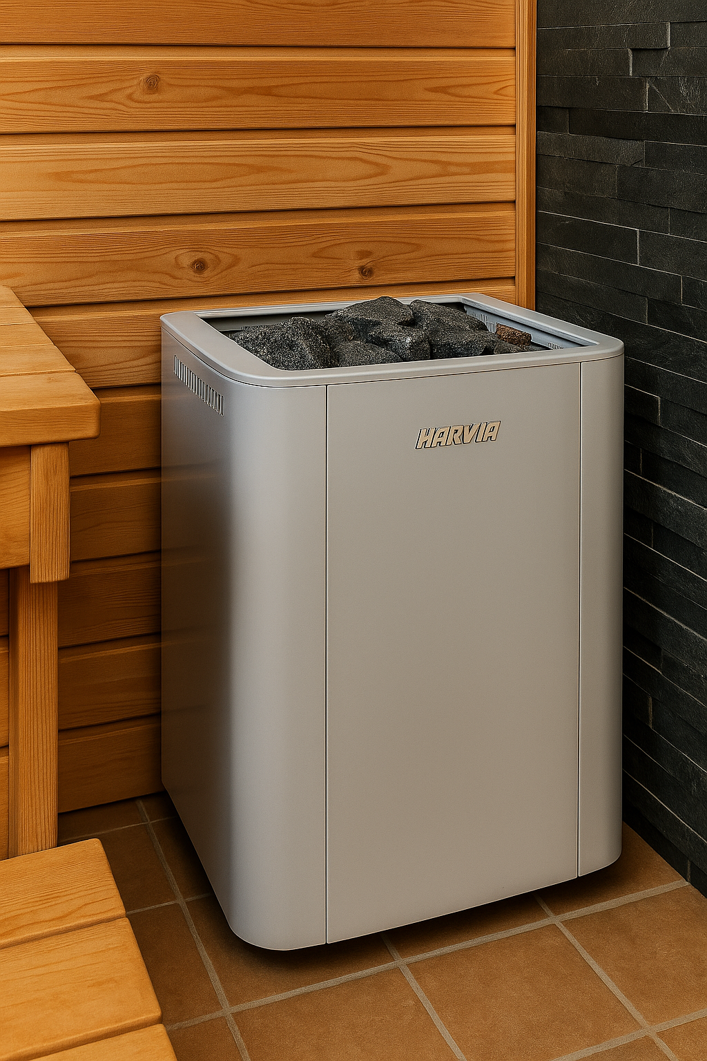 Harvia WK200SLUX sauna heater in silver with sauna stones on top placed in wooden sauna corner