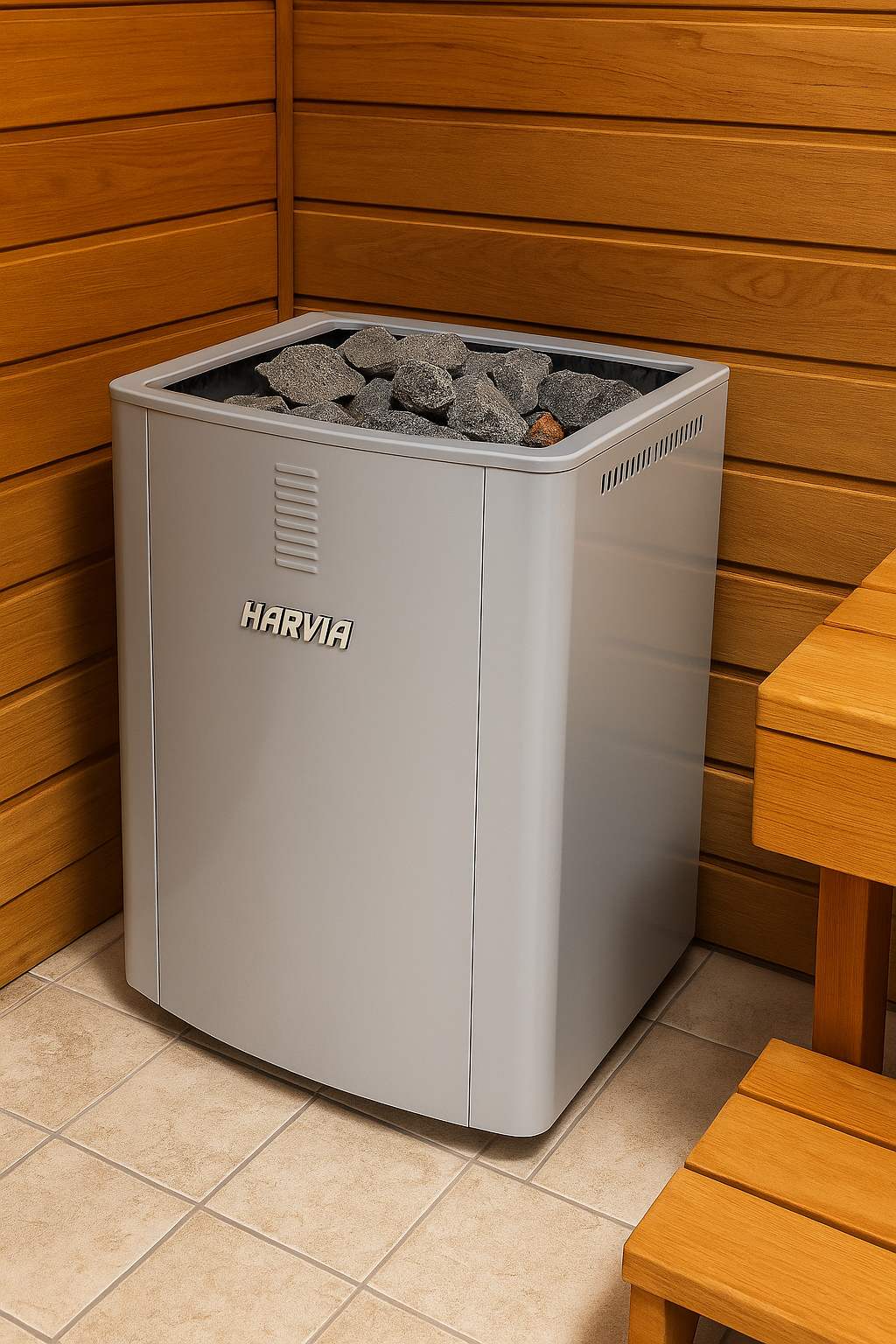Harvia WK200SLUX sauna heater stainless steel unit with stones inside in a wooden sauna corner