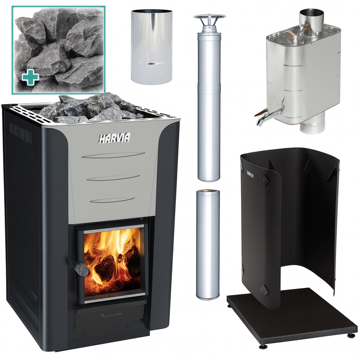 Harvia wood burning sauna stove with firebox, chimney pipes, rocks, and water tank components
