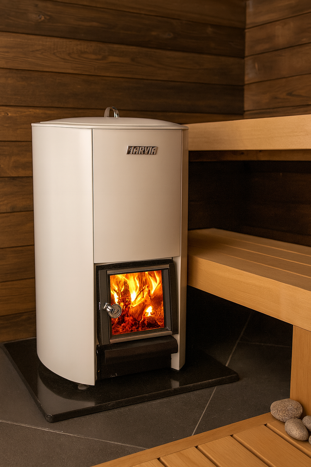Harvia WP500 wood sauna cauldron white wood burning heater with visible fire in a wooden sauna interior