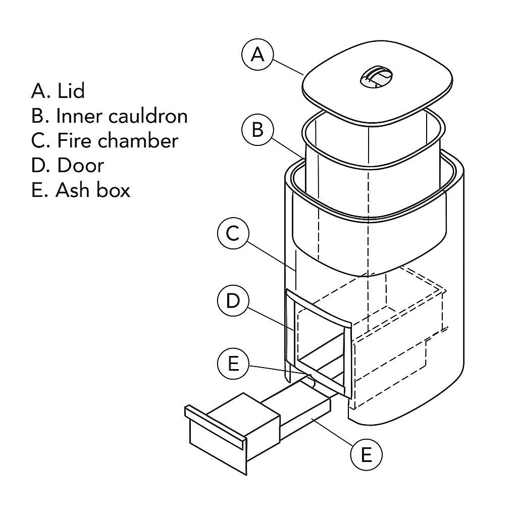 Harvia WP500 wood sauna cauldron exploded line drawing showing lid inner cauldron fire chamber door and ash box