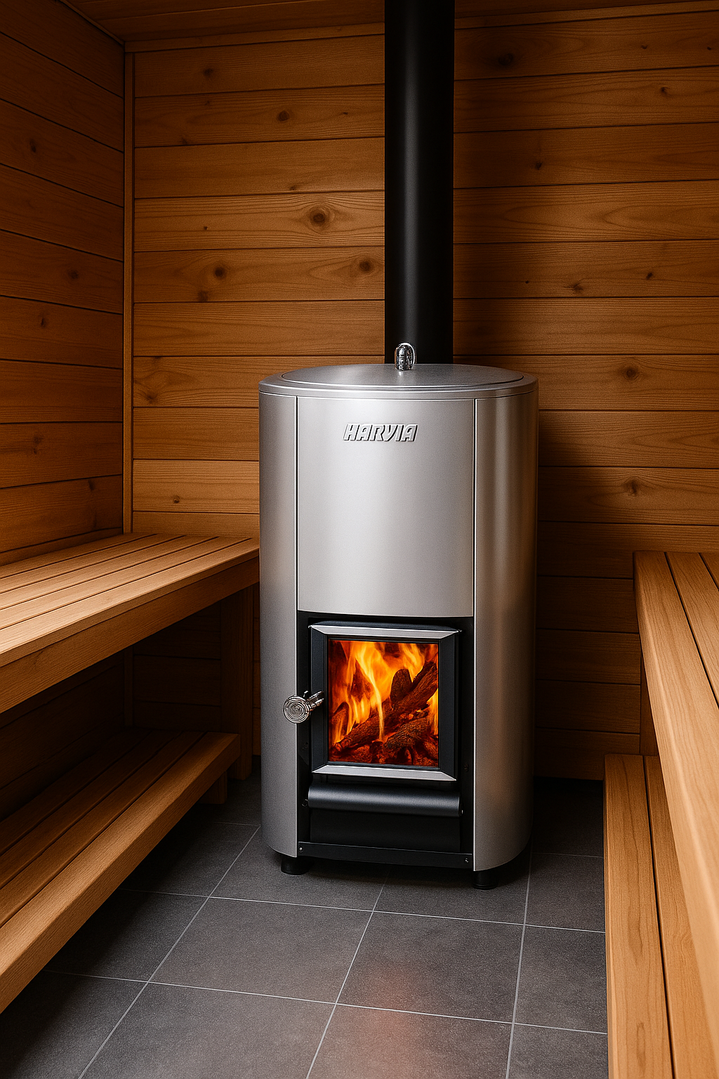Harvia WP500 wood sauna cauldron stainless steel heater with visible fire in wooden sauna room
