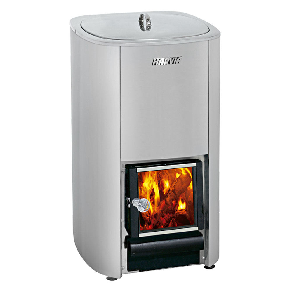 Harvia WP500 wood sauna cauldron stainless steel wood burning sauna heater with glass door showing fire