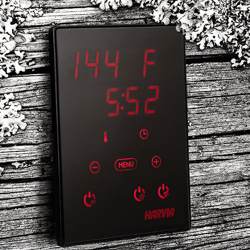 Harvia Xenio digital sauna control black touch panel accessory with red LED display showing 144 F and 5 52 timer