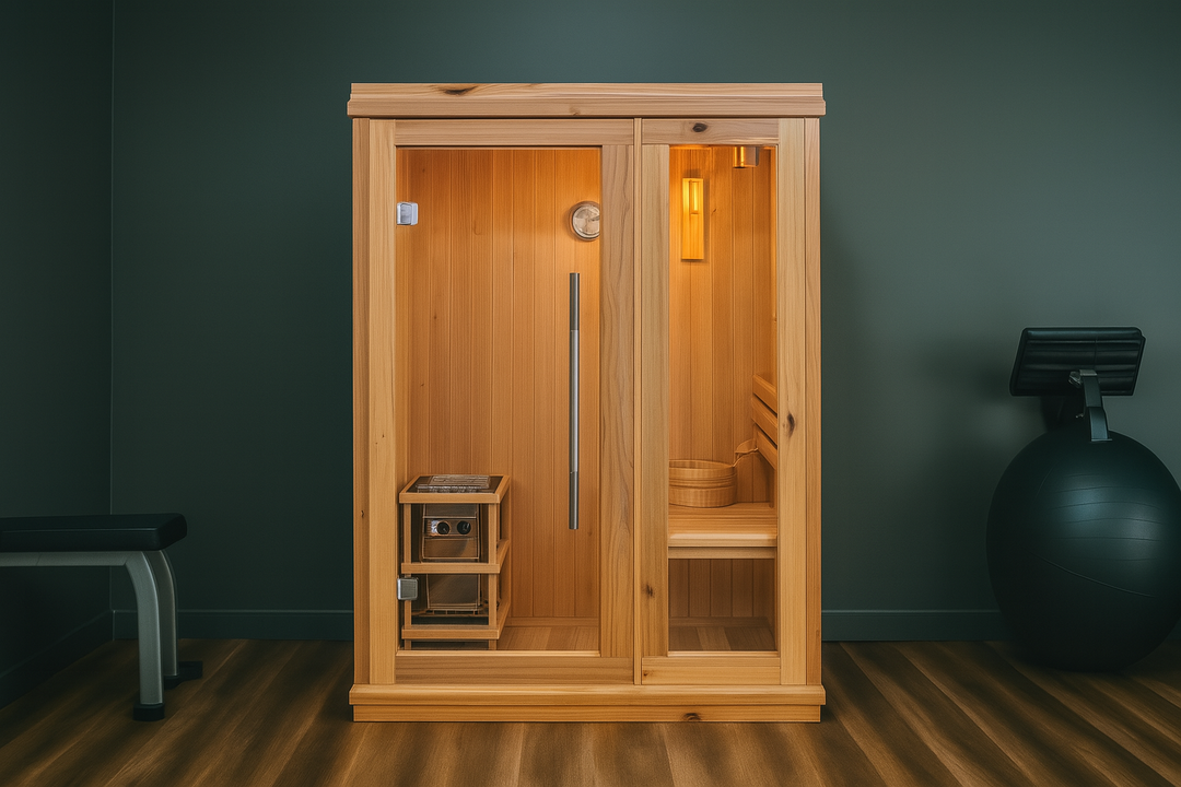 SunRay indoor traditional sauna for home with wooden frame and glass door in a fitness room